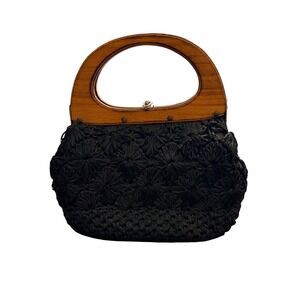 Vintage Japanese Black Woven Raffia Handbag with Wood Top Handles metal lock